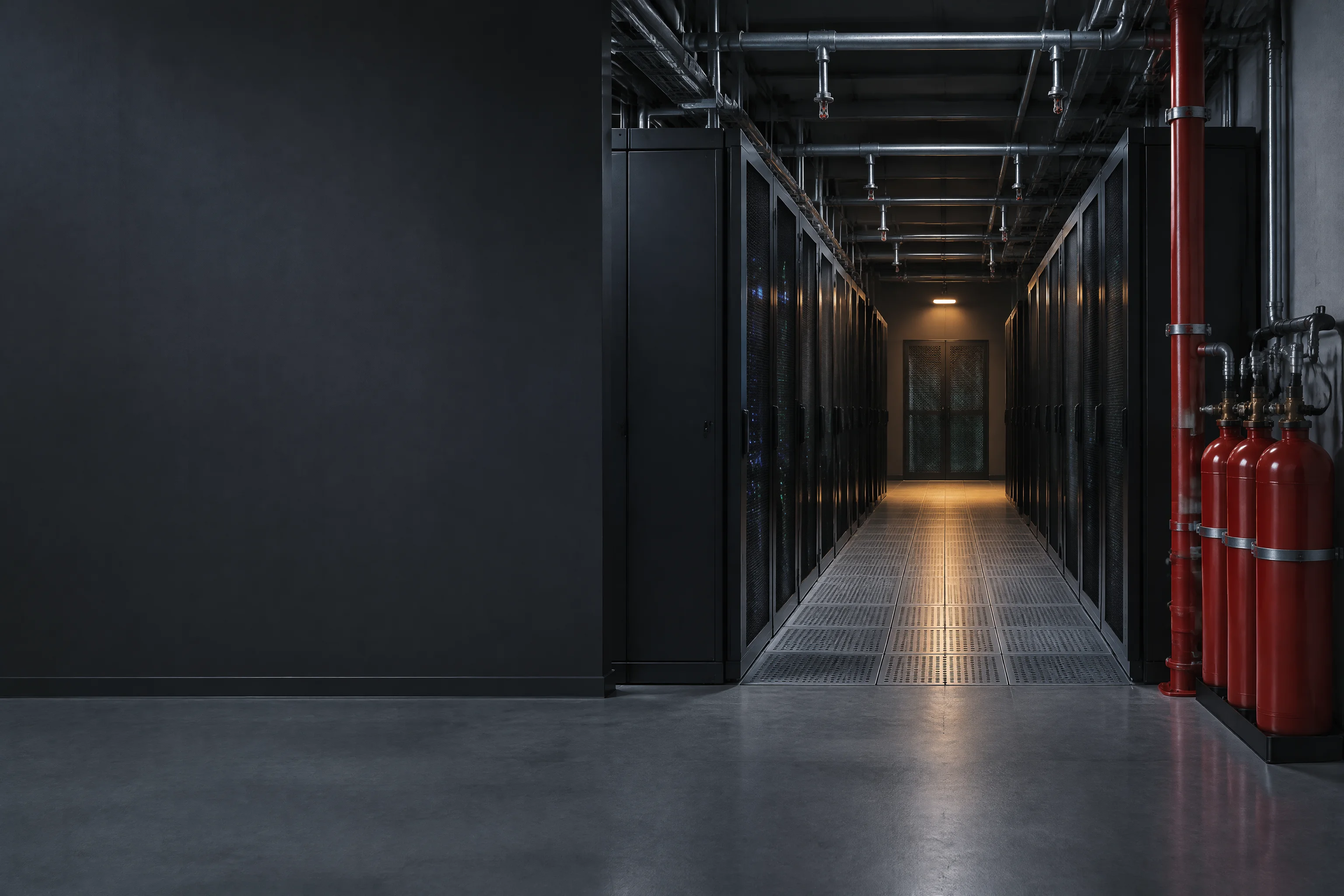 Data centre white space at night with server cabinets, overhead sprinkler pipework and a bank of clean agent cylinders on the right