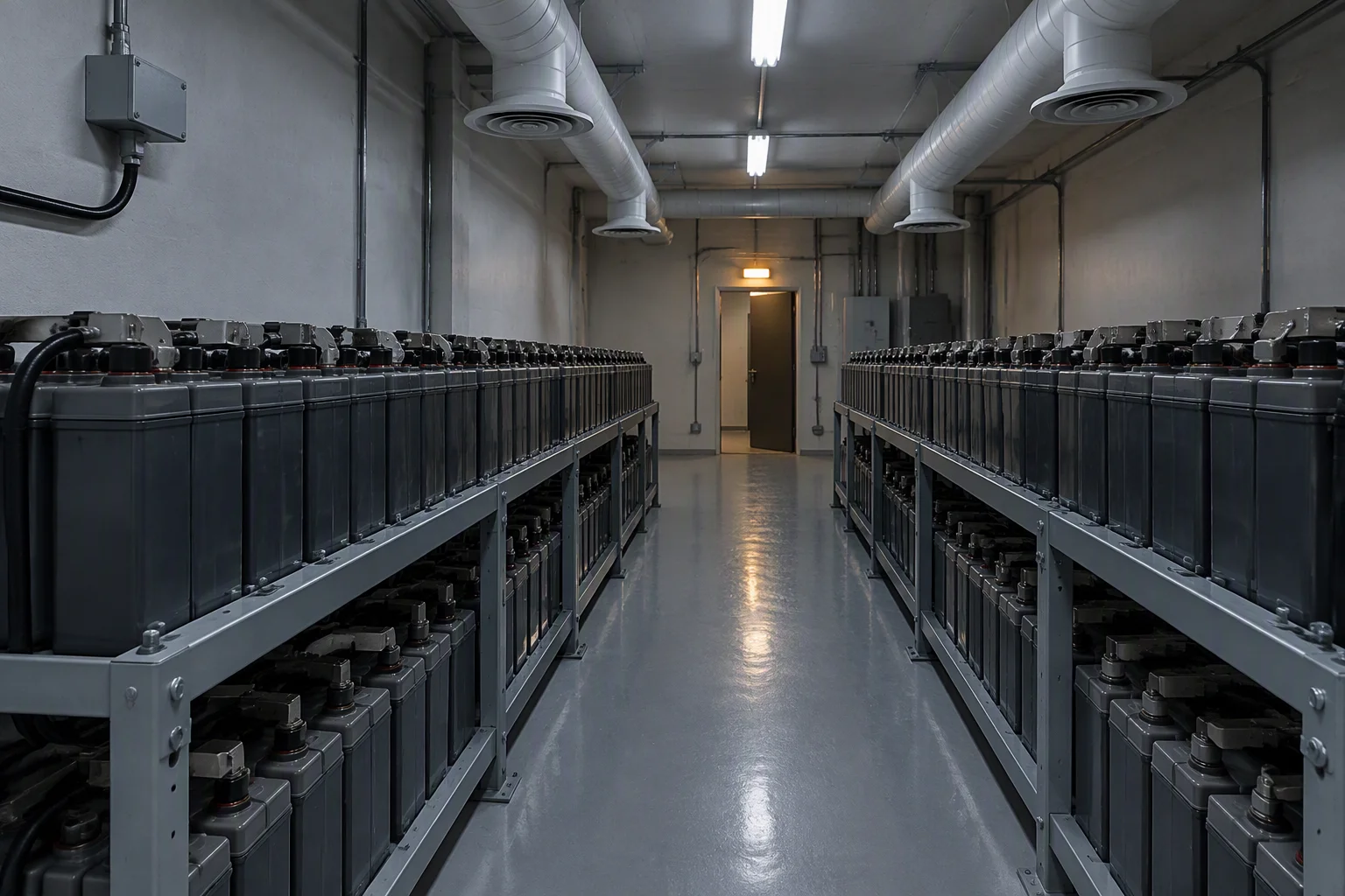 A stationary battery room with rows of grey battery racks, busbars and a white exhaust duct along the ceiling with a detector housing high on the wall