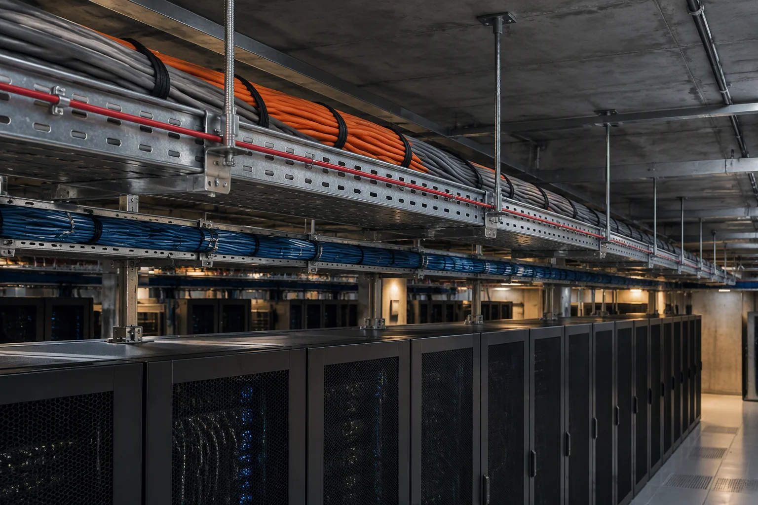 Perforated steel cable trays carrying power and data cables above server cabinets with a thin red sheathed detection cable clipped along the tray lip