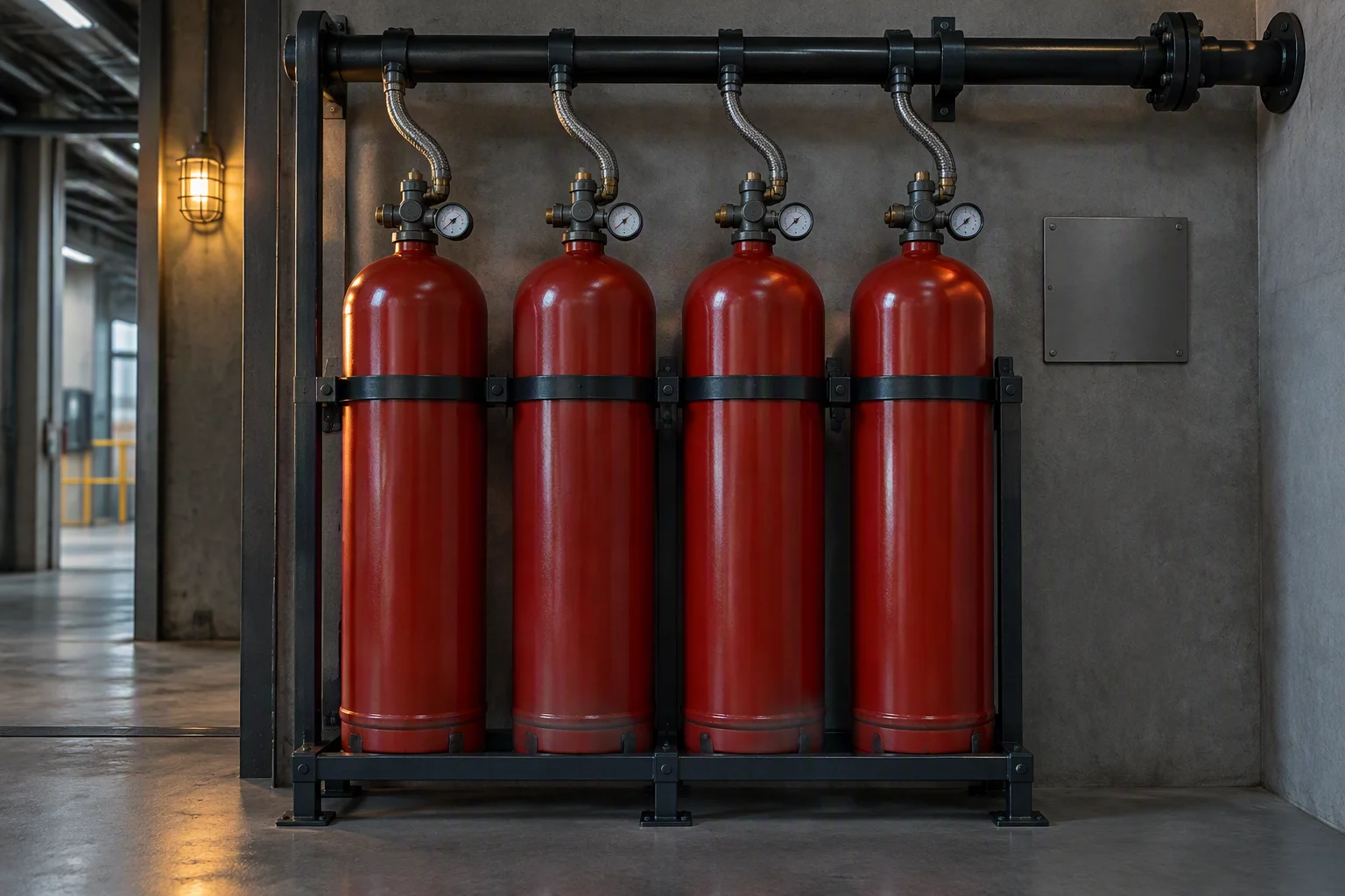 A bank of red clean agent cylinders with dark container valves and a black manifold pipe inside a dedicated fire equipment enclosure