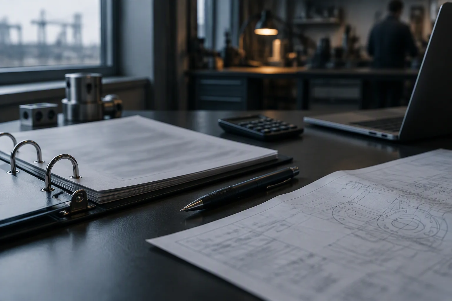 An engineering desk with an open binder holding a printed certificate photographed almost edge on and out of focus beside a folded drawing and a pen