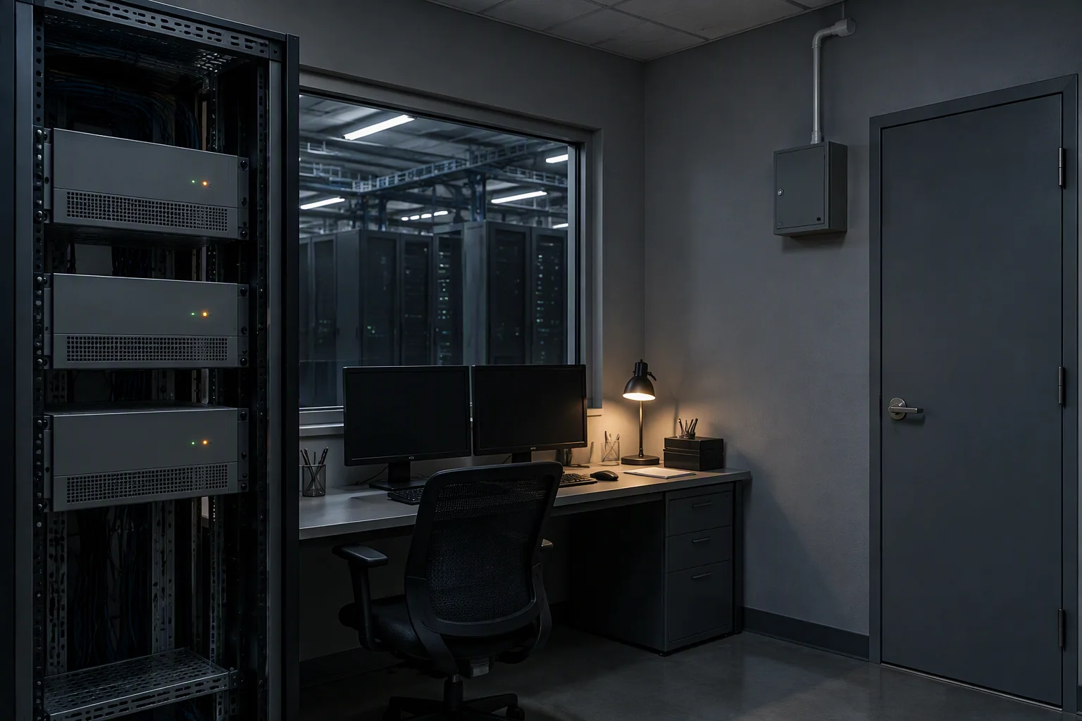 A monitoring room with an open equipment rack of grey control units and a wall mounted detection unit with a white sampling pipe entering the ceiling void