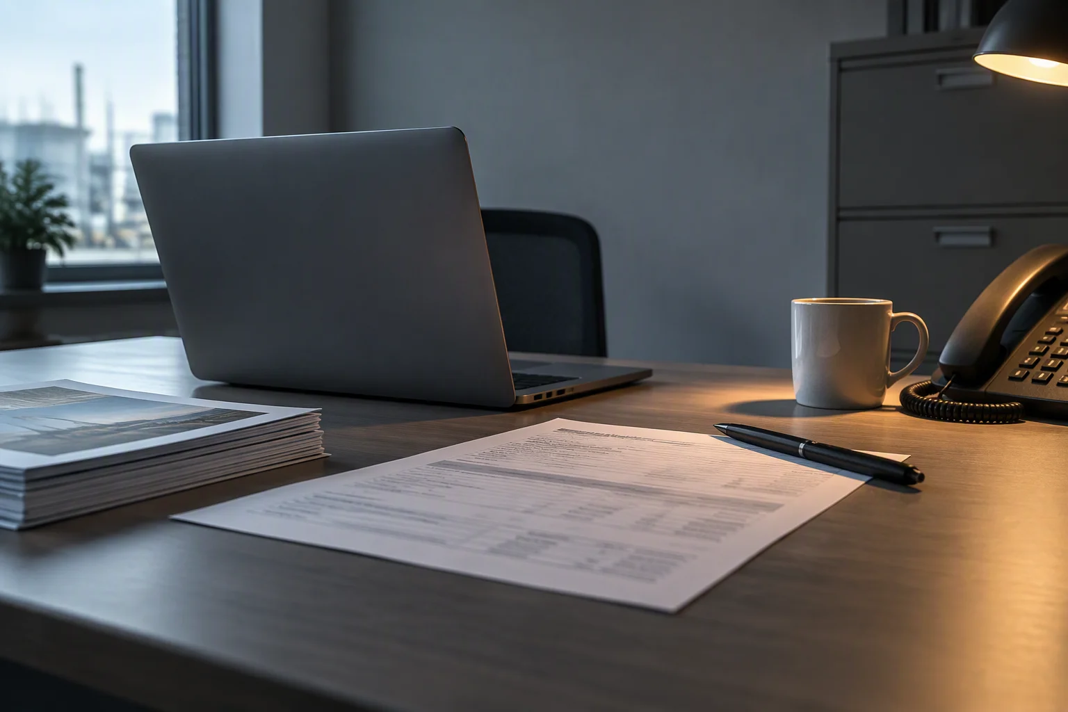 A sales office desk in the morning with an open laptop, a printed quotation and a specification sheet