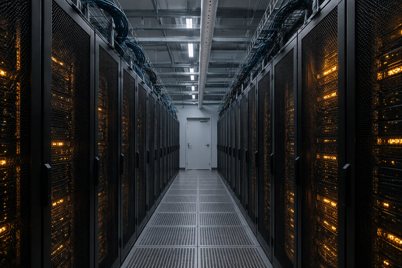 A data centre hot aisle between two rows of black server cabinets with a white sampling pipe running along the ceiling above the aisle
