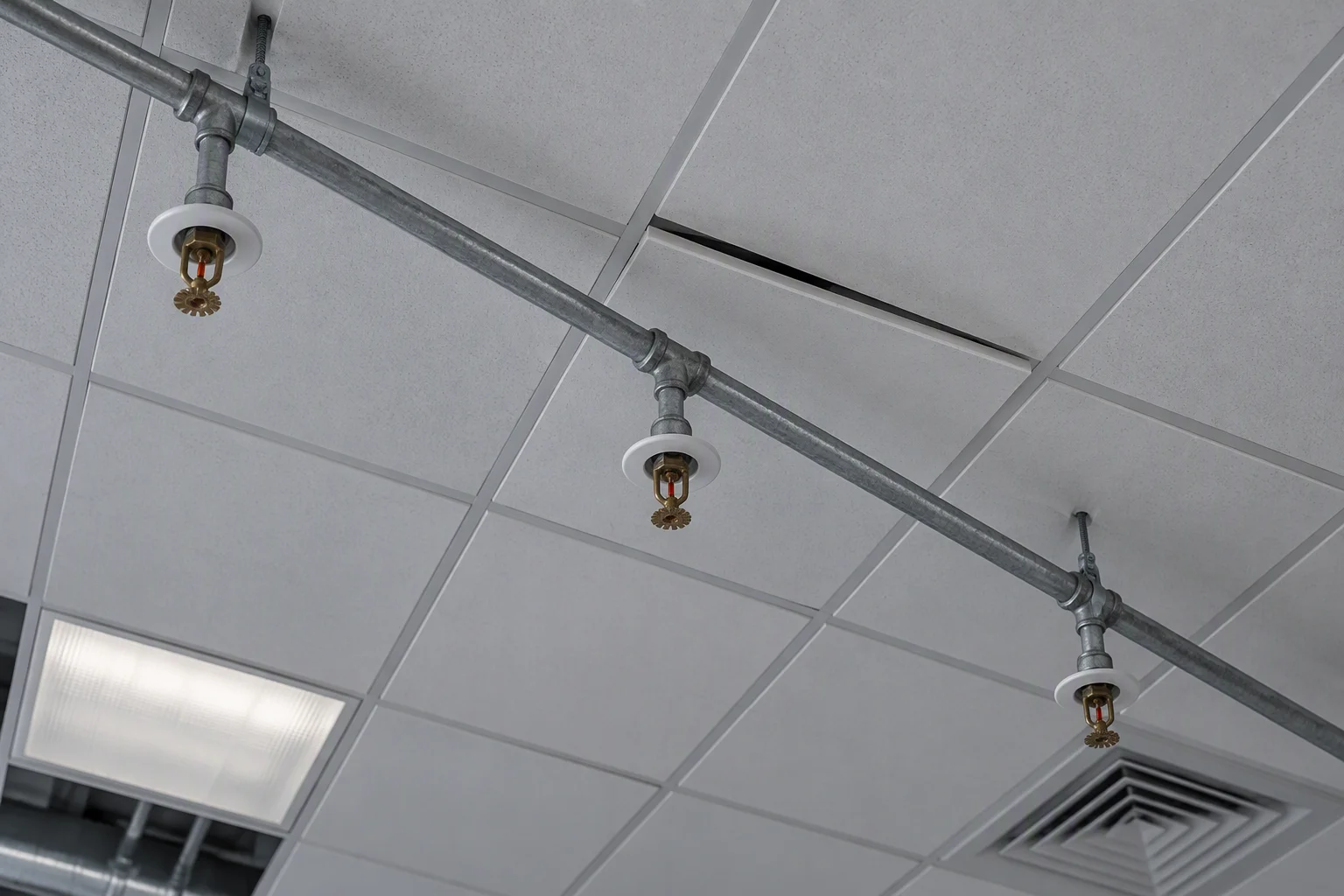 Sprinkler heads on drop nipples along a galvanised branch pipe seen from below a white suspended ceiling grid