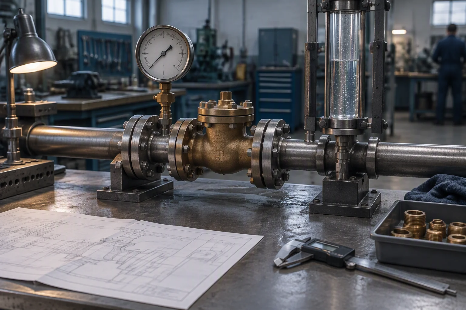 A valve body clamped in a steel flow test rig on a workshop bench with a pressure gauge and a folded drawing