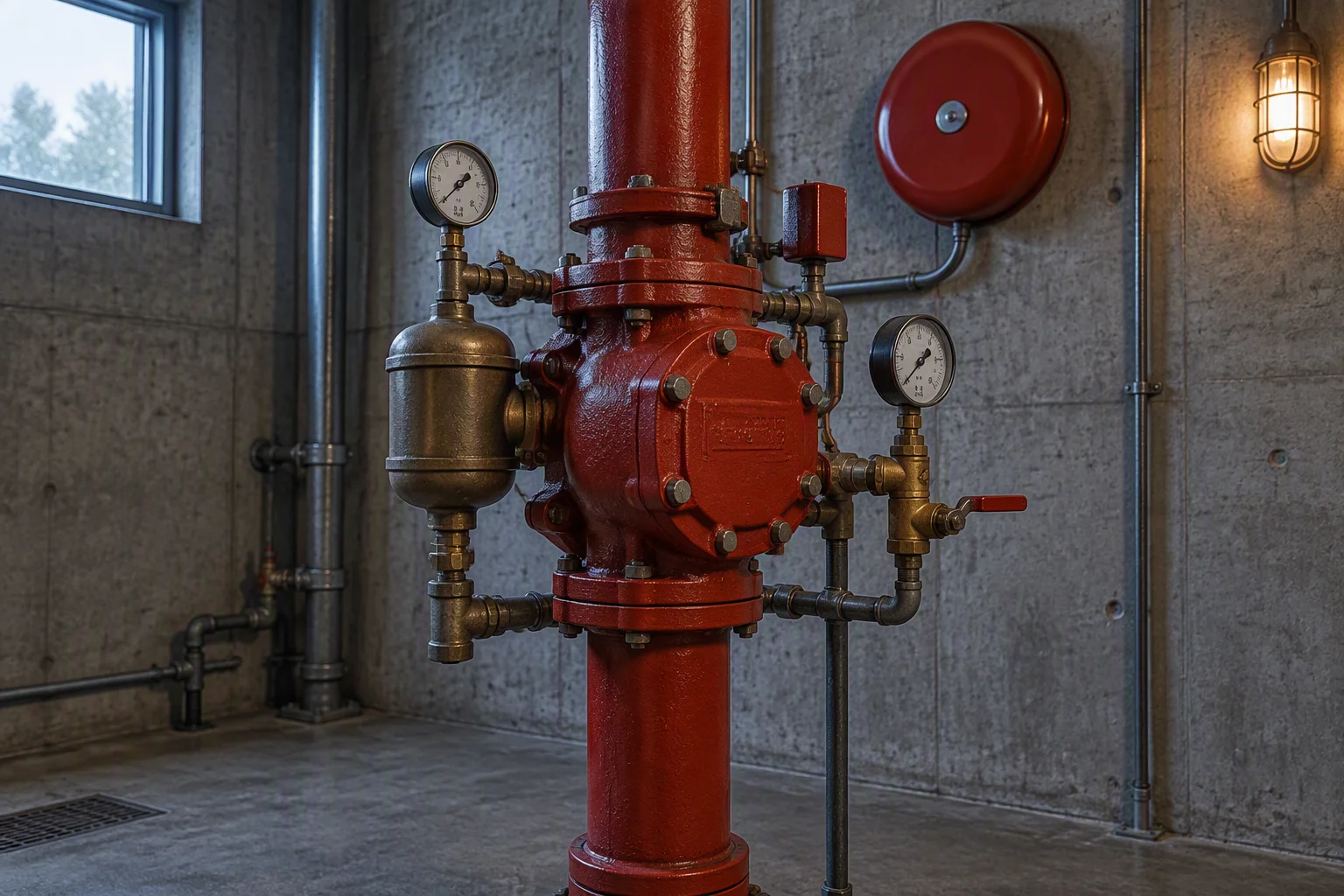 A sprinkler riser assembly in a plant room with a red alarm valve body, brass trim, pressure gauges and a water motor gong on the wall