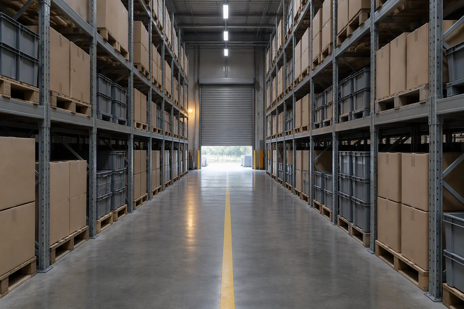 An organised warehouse aisle with steel shelving holding plain cartons and grey bins on a sealed concrete floor